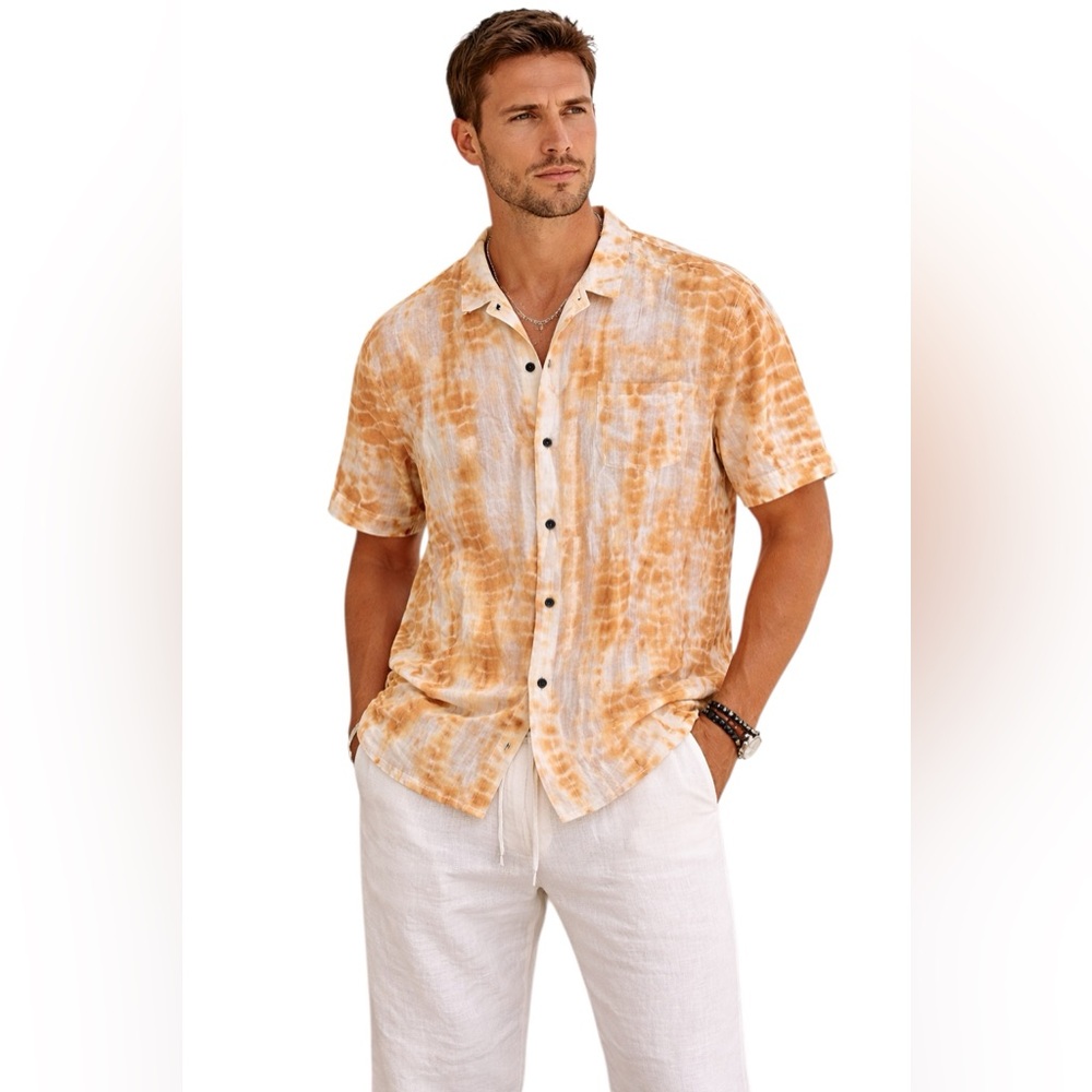 NWT Men’s Raga Man Yellow White Casual Button Down Short Sleeve Shirt Size Small